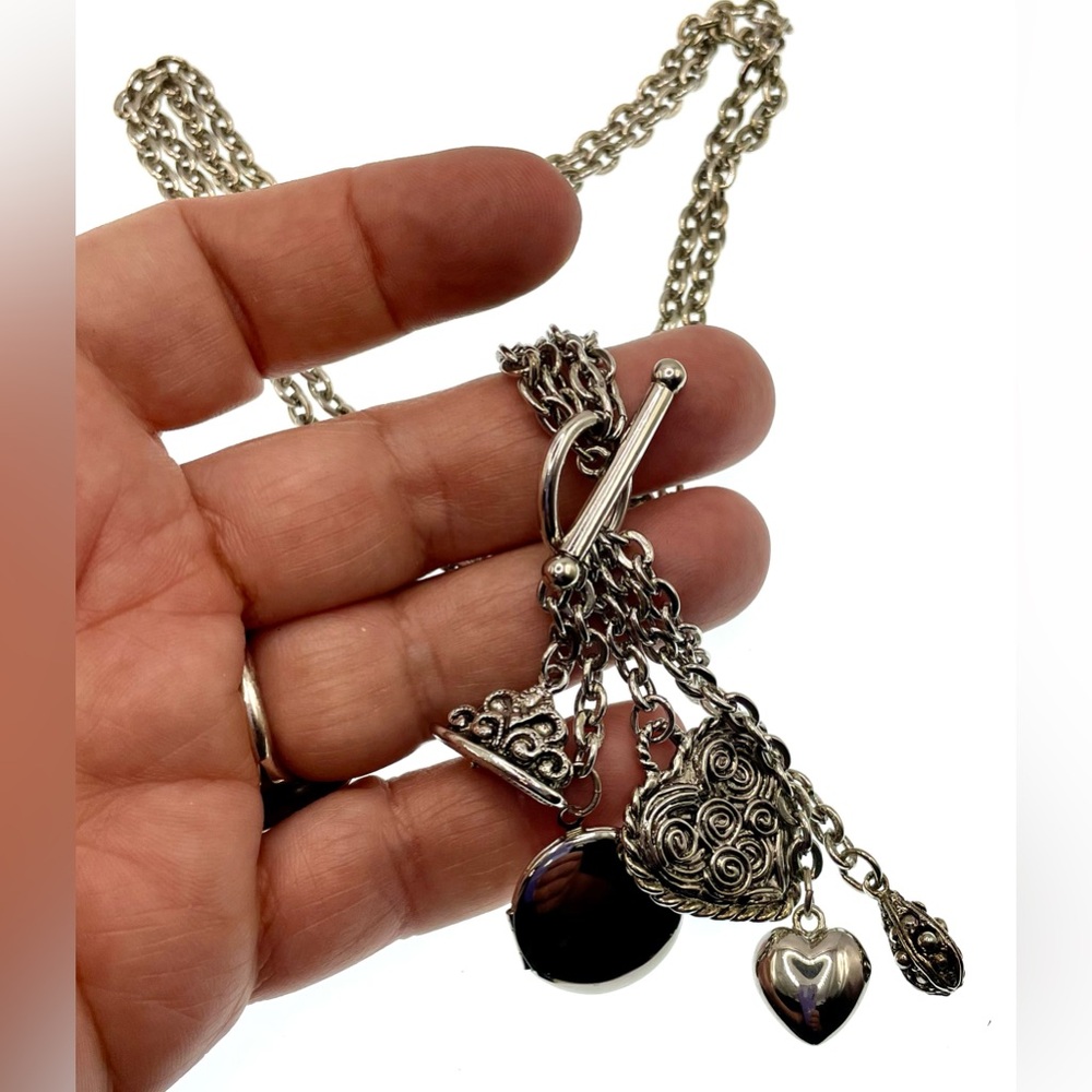 Silver Tone Double Chain Necklace Choker with Dangling Charms and Locket - Picture 3 of 8